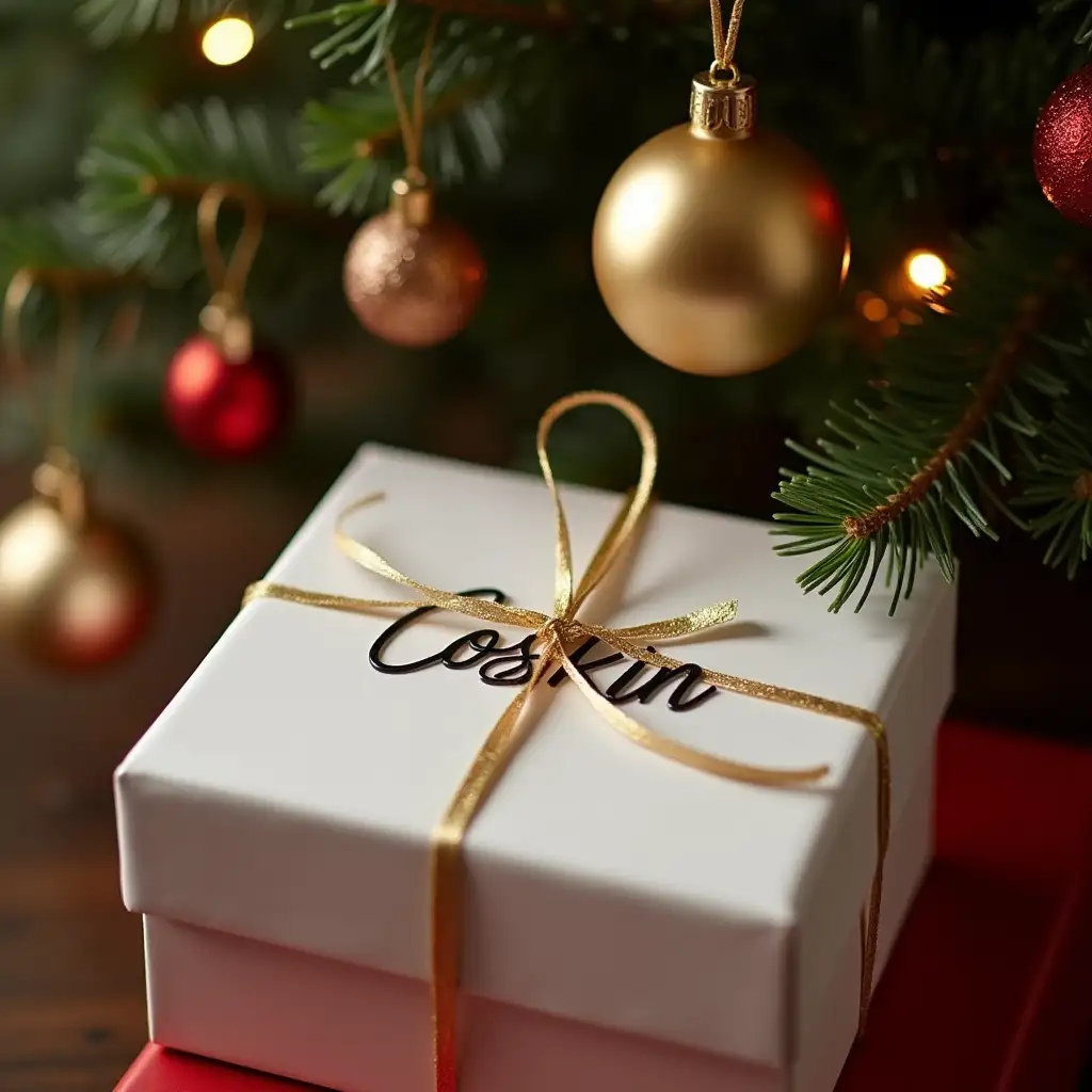 White present box, with text on it “Coskin”, under the Christmas tree