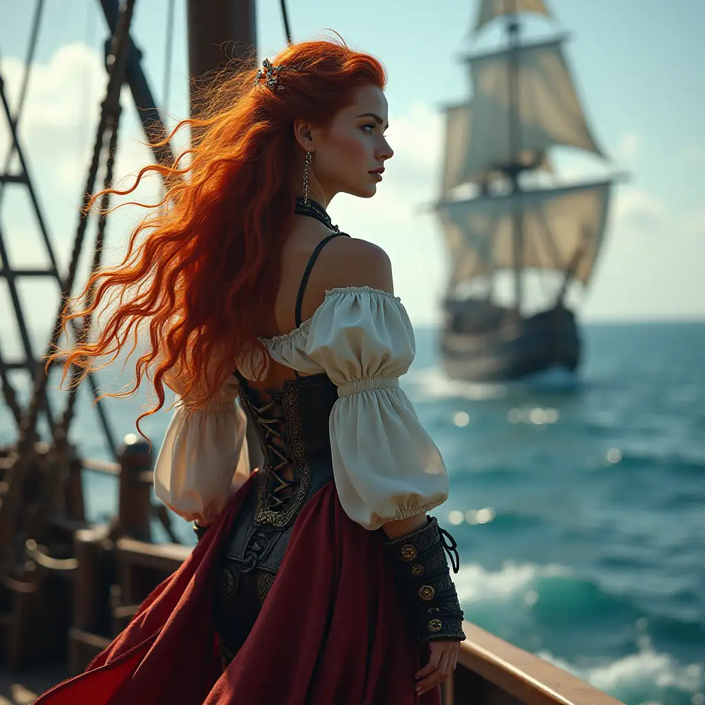 a beautiful young pirate queen stands on the bow of her ship, her long red hair fluttering in the wind, she looks into the distance, ready to conquer the open sea, dynamic pose, close-up, cinematic frame, her ship cleaves the waves, photorealism, very detailed, a masterpiece