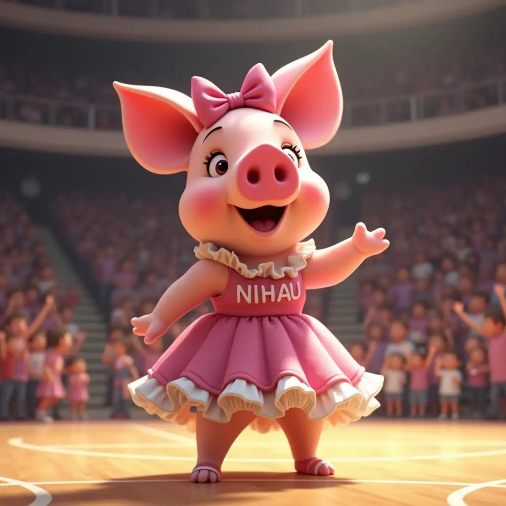 A cartoon pig in a beautiful dress with frills and a bow that says NIHAU, is singing on a large basketball court. There are many spectators in the stands