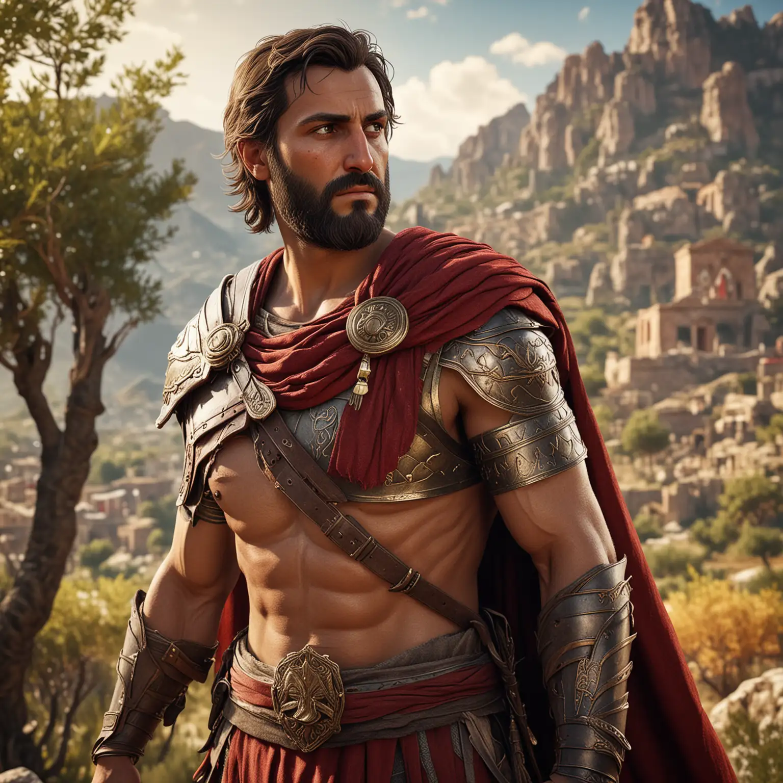 Heroic-Ancient-Greek-Warrior-in-Detailed-Armor-with-Red-Cape-in-Sunny-Greek-Landscape