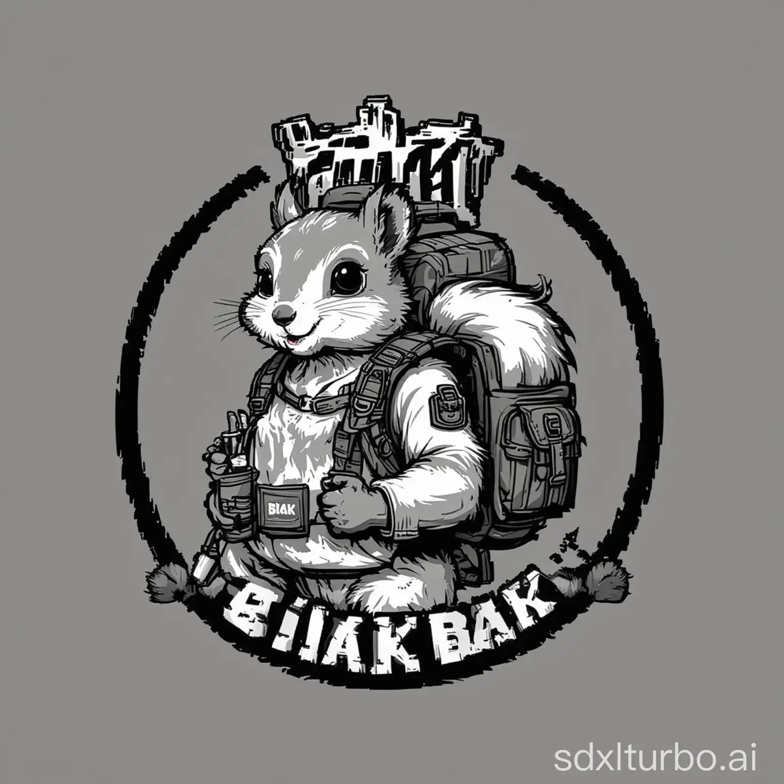 funny logo for a shop called Bilka Bags, monochrome black, with a white background, use a squirrel with a backpack in his hands, stroke pixel art, clean design, the shop sells bags and backpacks