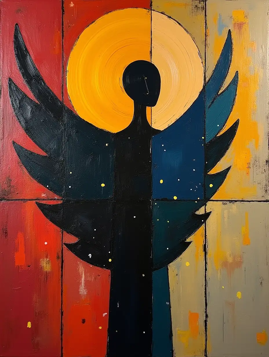 Picture in a grid, stripe, schematic primitivism, silhouette of an angel in the style of Kandinsky, Malevich, minimalism, simplify for a beginning artist with acrylic many colors, constructivism abstract, rather gloomy