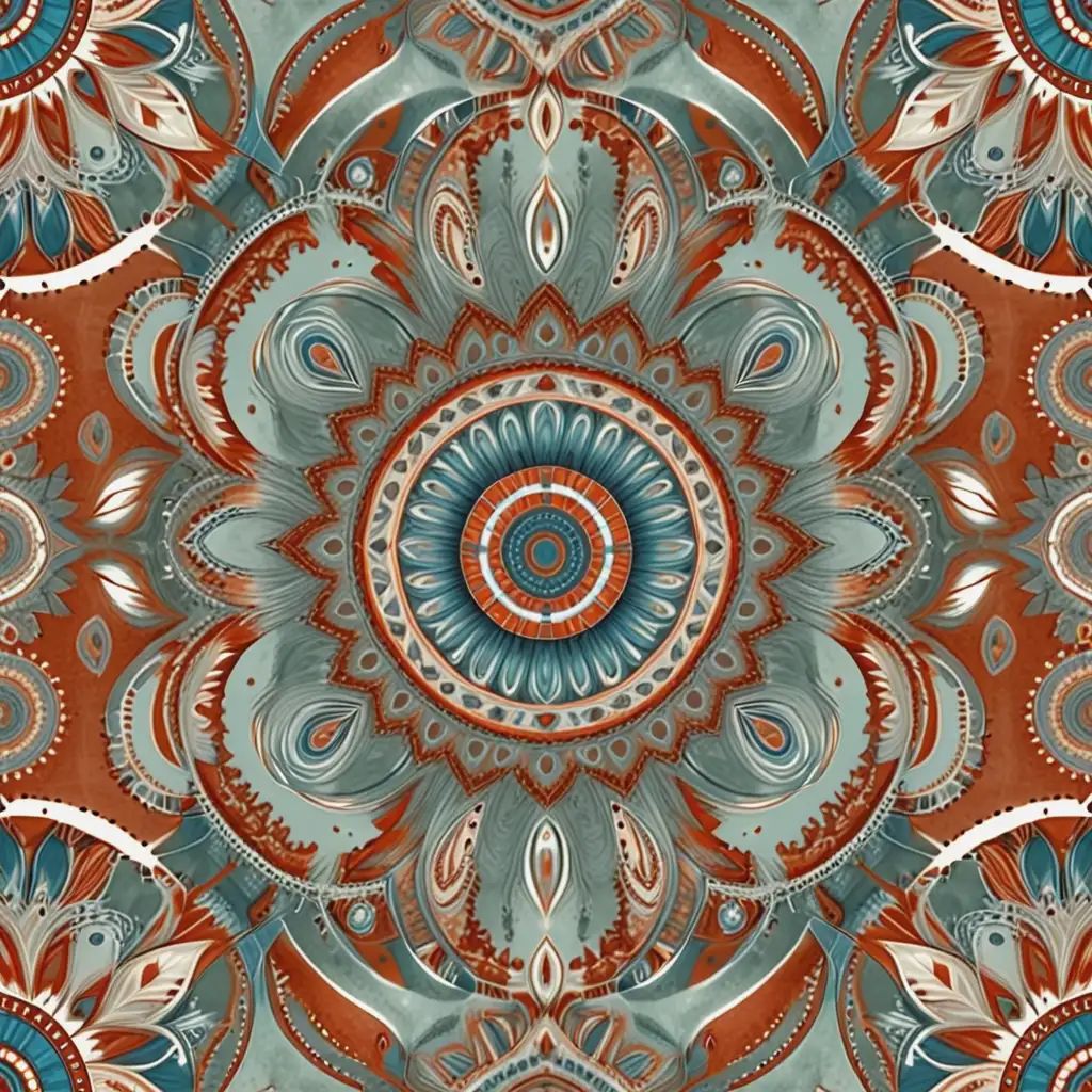 Symmetrical paisley pattern Reminiscent of a mandala Southwest shapes Feather texture In sage, terra cotta, rust, and cerulean