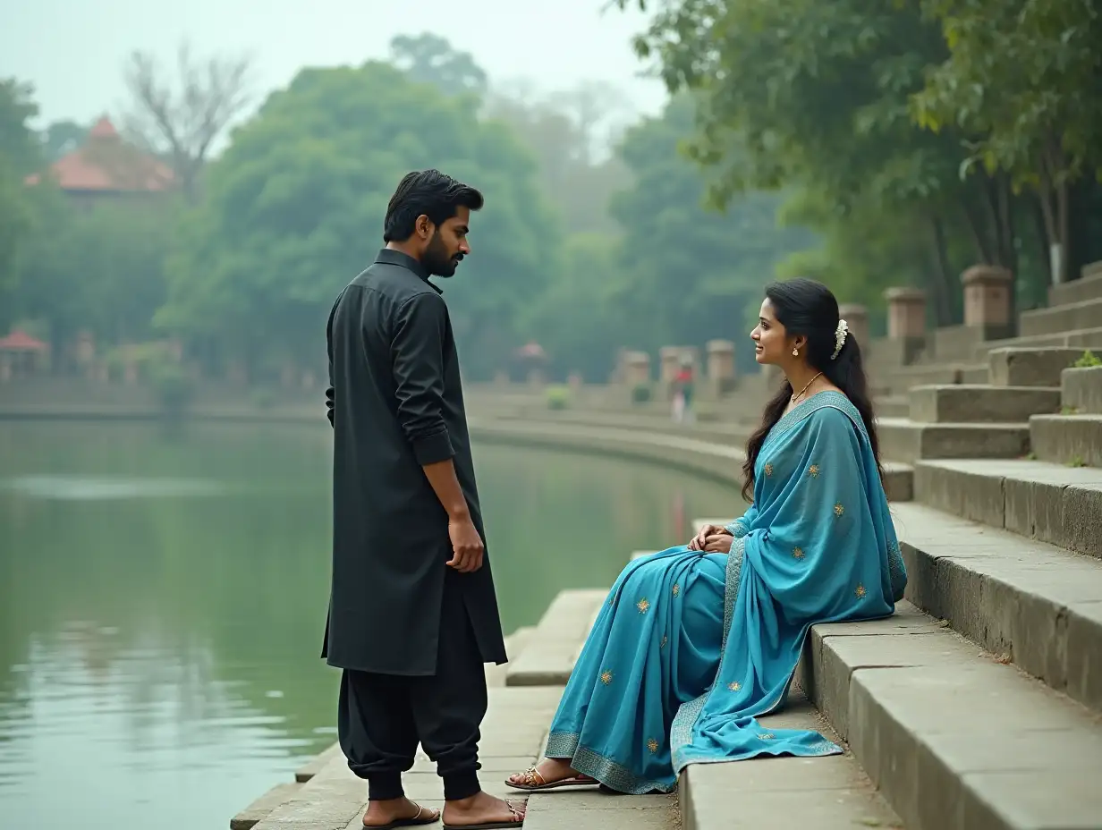 A couple standing near a pond, man wearing black panjabi, and women is sitting on stairs wearing blue saree, filmy scene, cinematic style