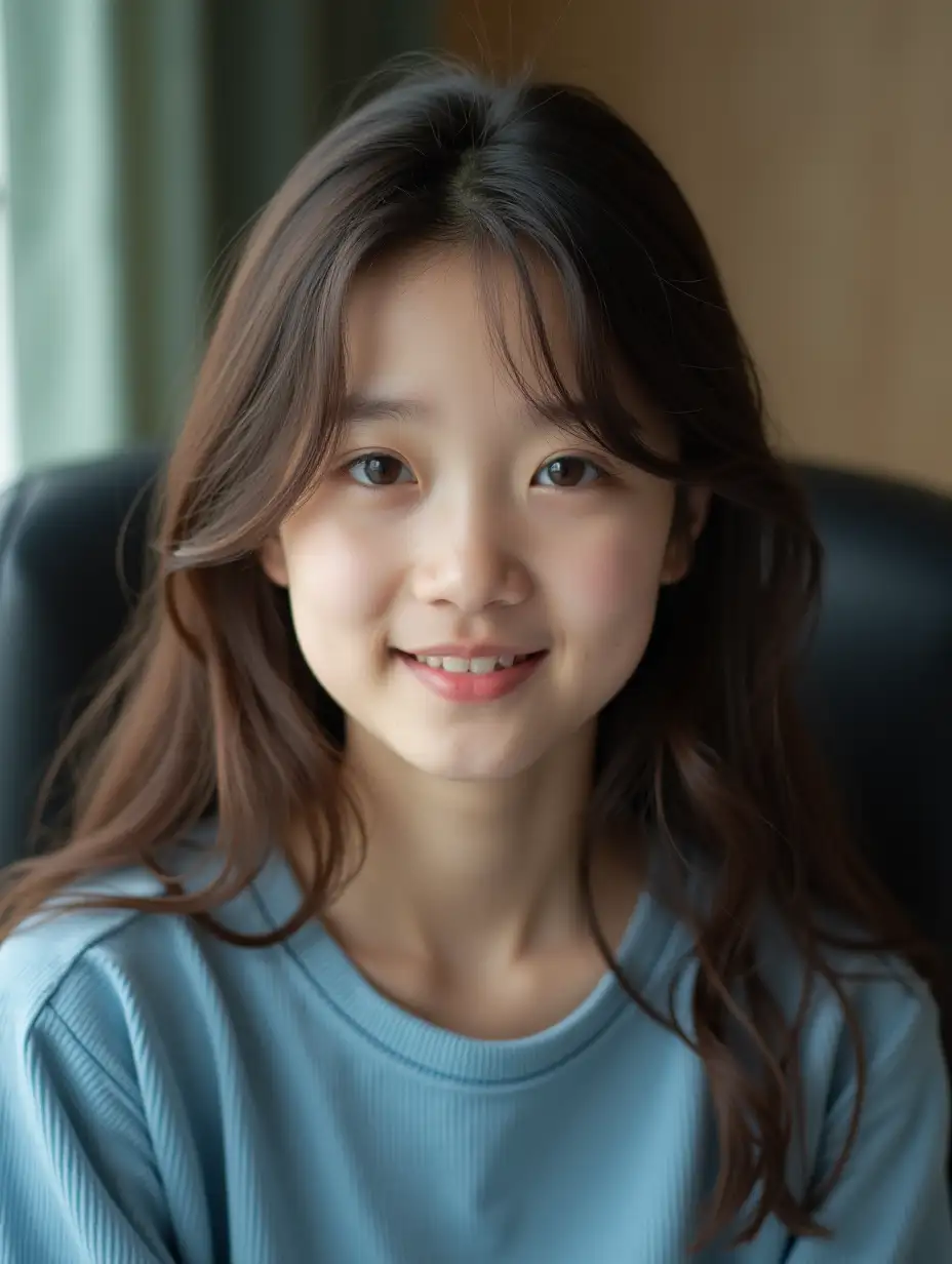 long brown hair korean girl with light skin wearing blue sitting in a chair