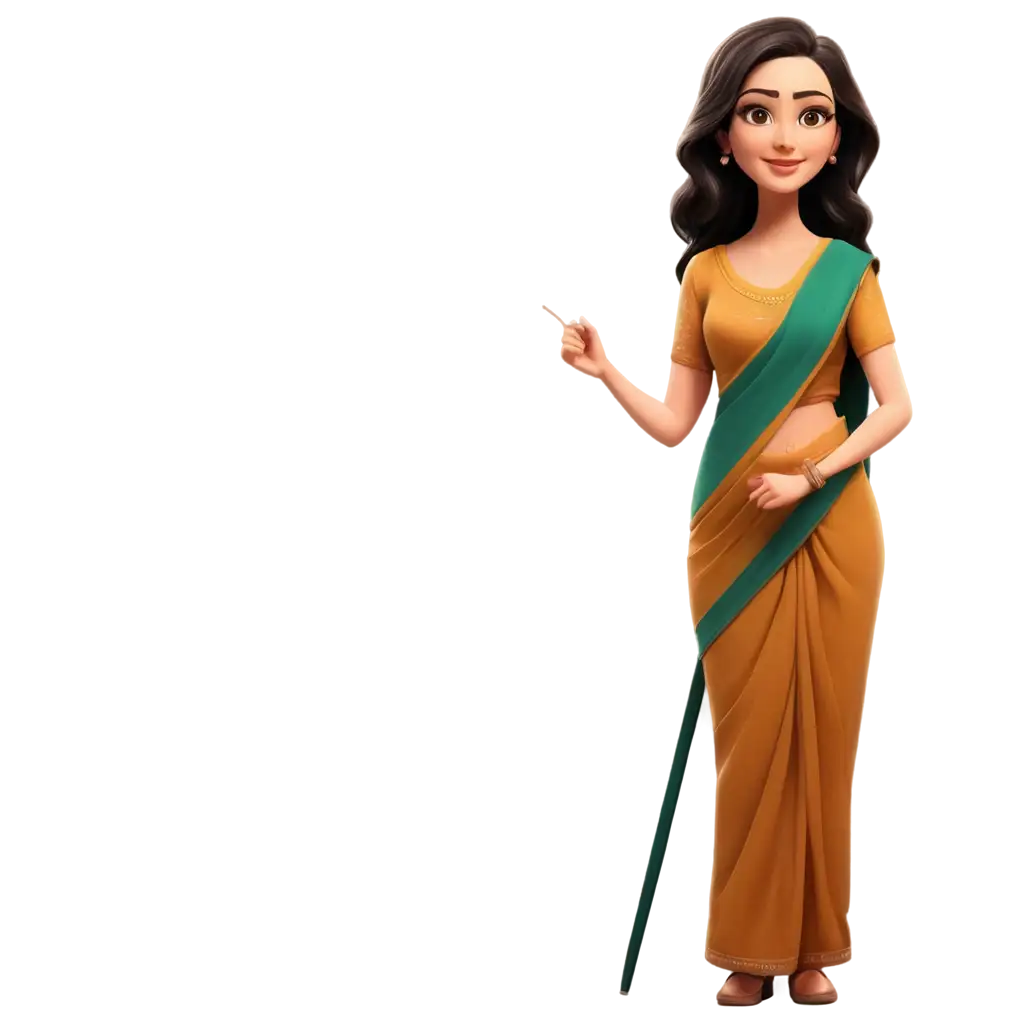 Cute-Teacher-Cartoon-Styled-in-Saree-PNG-Image-Playful-and-Professional-Illustration