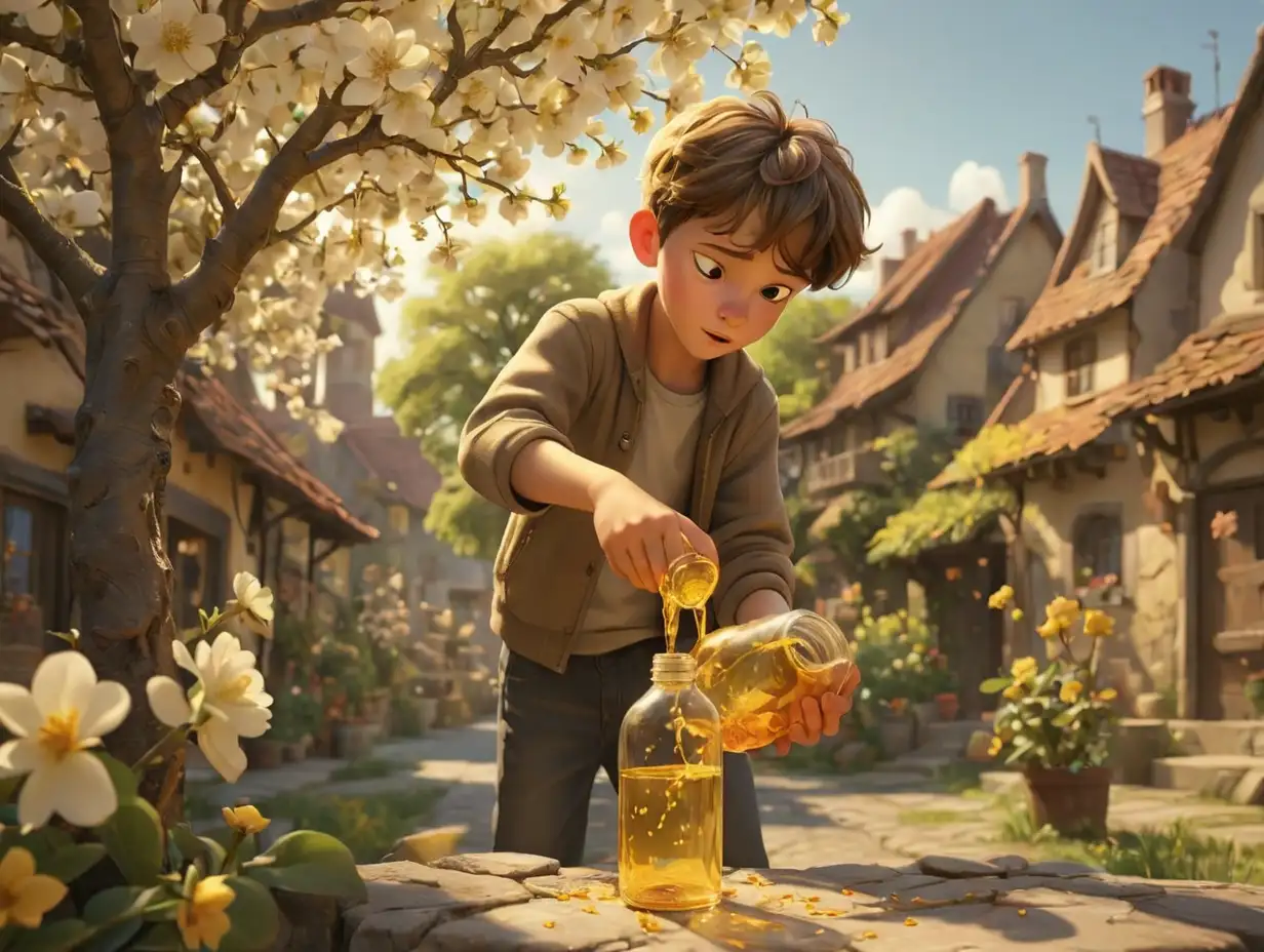 Wide-angle view of a boy’s hand pouring golden liquid from a glass bottle onto a blooming tree. The setting is a small village, 3d disney inspire