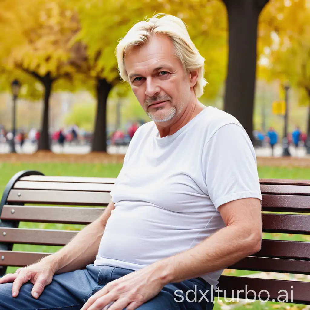 blonder man 55 years old on park bench