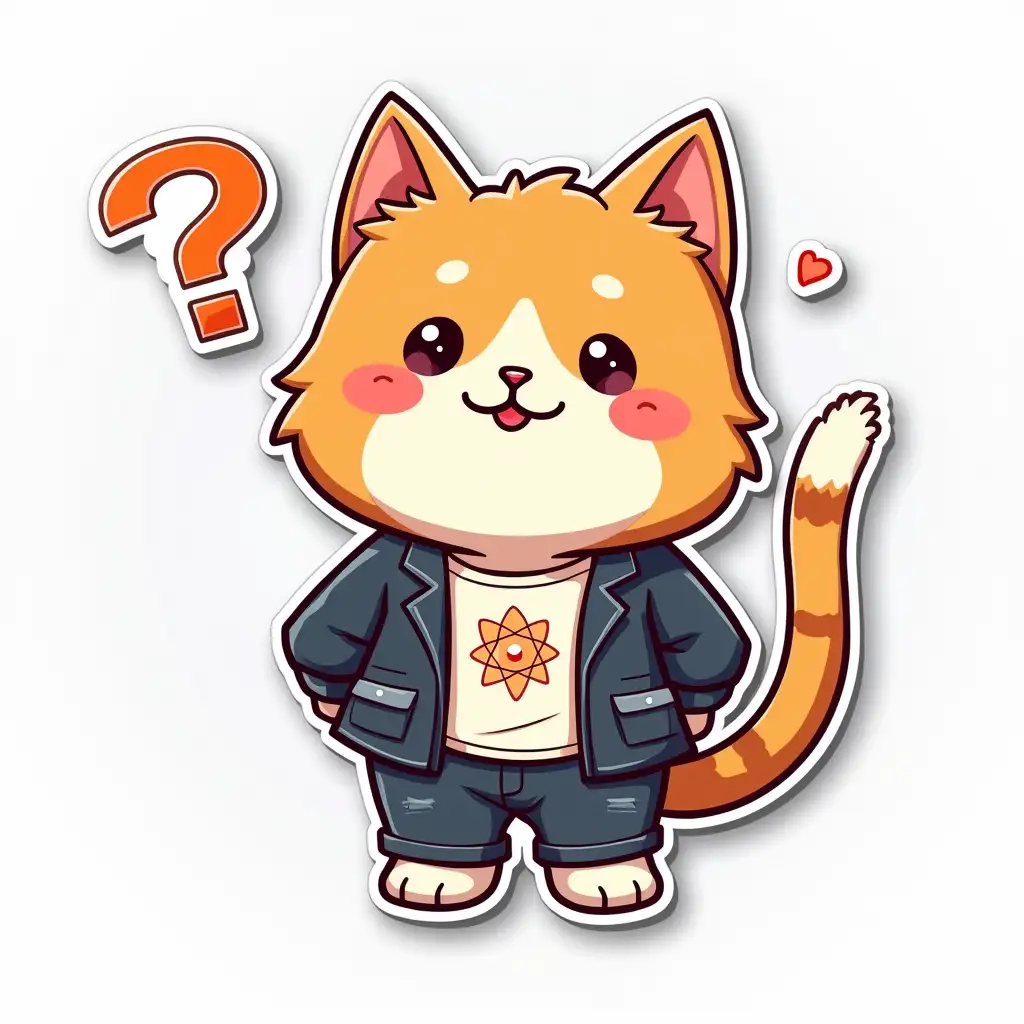 A curvilinearly cut sticker depicting a kawaii positive fluffy little cat in office clothes with an atom symbol on t-shirt.  The face and pose express the emotion of thoughtfulness, the large question mark symbol in the background emits a glow. vibrant and dynamic die cut sticker design top-view, high resolution, vector art, white background, paint in anime style