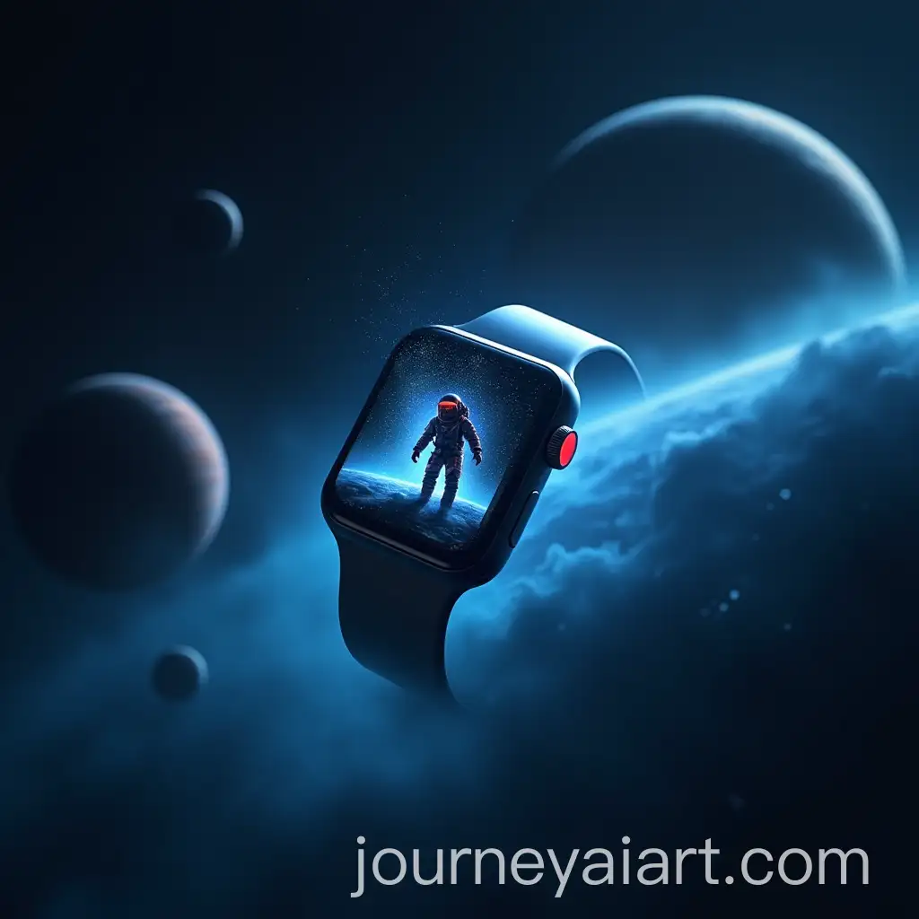 Astronaut-Emerging-from-Apple-Watch-Ultra-2-in-Outer-Space-with-Futuristic-Graphics