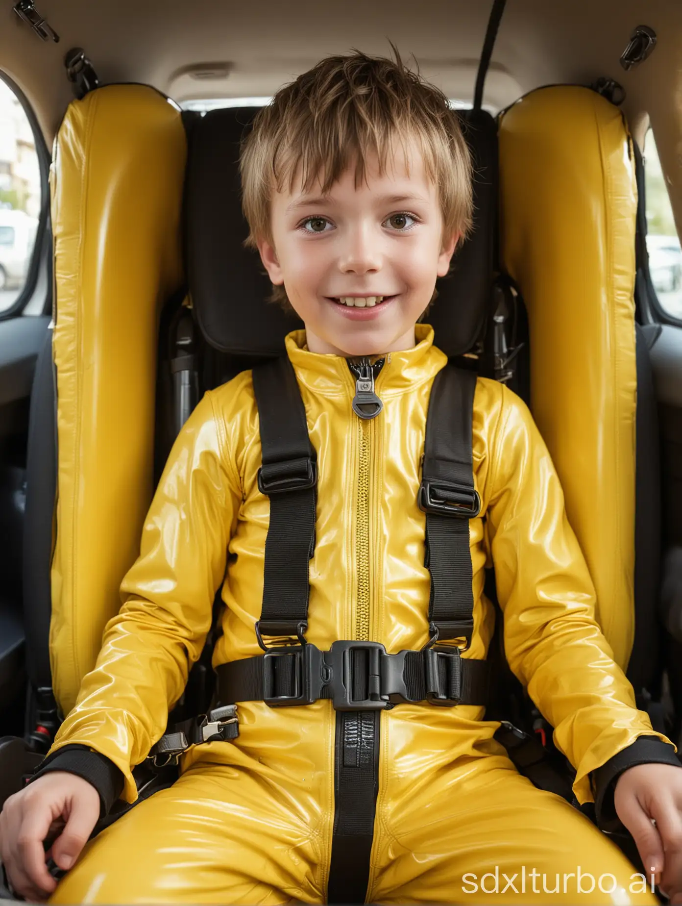 NineYearOld-European-Boy-in-Shiny-Yellow-Latex-Bodysuit-in-Car-Safety-Seat