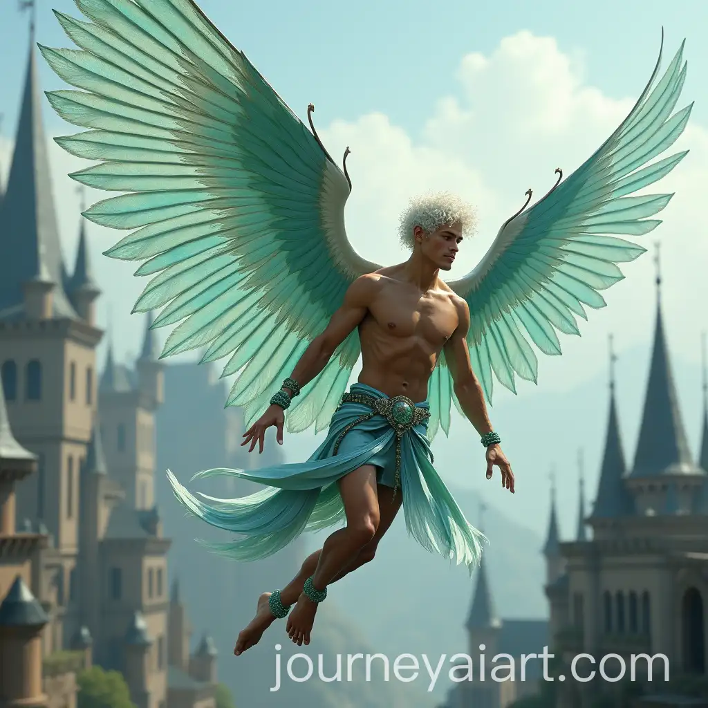 Handsome-Male-Fairy-with-Bluejay-Wings-in-Flight-Over-Medieval-City