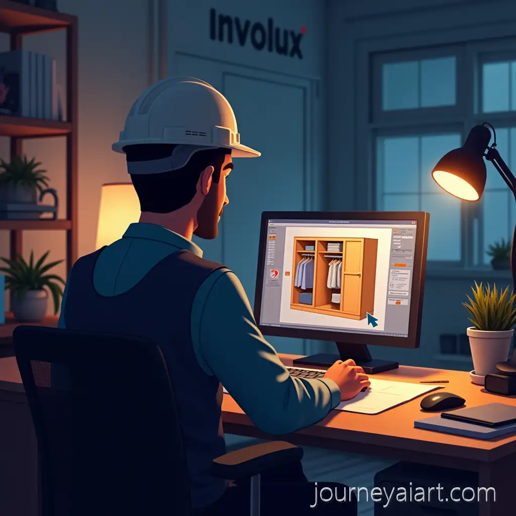Cartoon-Engineer-Designing-3D-Wardrobe-in-Dimly-Lit-Office-with-Involux-Branding