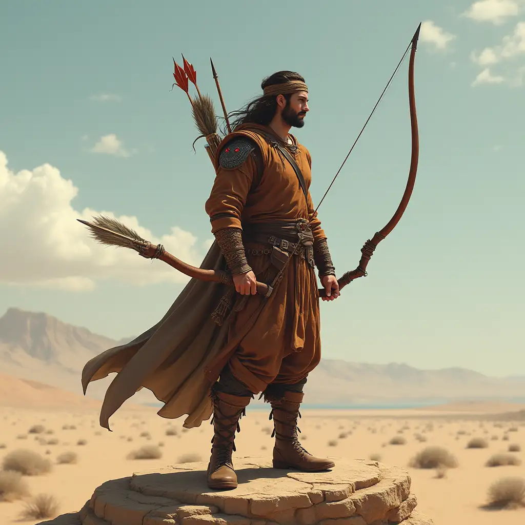 Create a graphic design scene from Arash Kamangir.    With a leather dress and a leather headband.   Be on the right side of the stage.   between the desert   The sight angle and the bow should be in the same direction, towards the far horizon.    with long brown hair.    With broad shoulders and a stout body.    He is standing on a high rock.   He has an arrow in his right hand and a bow in his left hand.   He wears a leather band with a red ruby ​​on his left arm.   He has a powerful face.    Wound on the right cheek.    With Kavyani design in right hand.  The head and body should be in the same direction and facing the sea.    The camera angle should be 270 degrees and half of the body and bow should be in the scene.