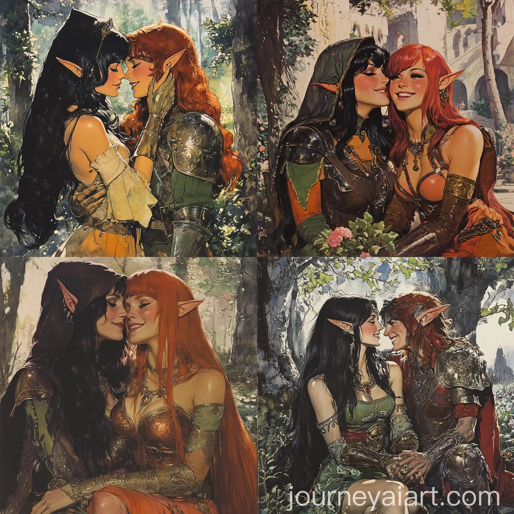 Elf-Princess-Embracing-Warrior-in-Market-Scene-Dark-Fantasy-Illustration