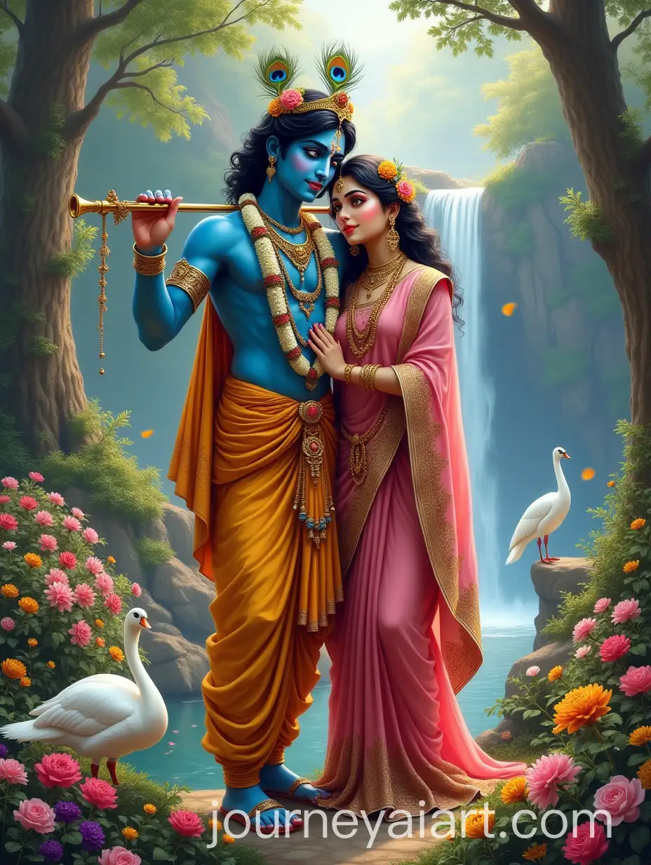 Radha-and-Krishna-in-Divine-Garden-with-Peacock-and-Swan