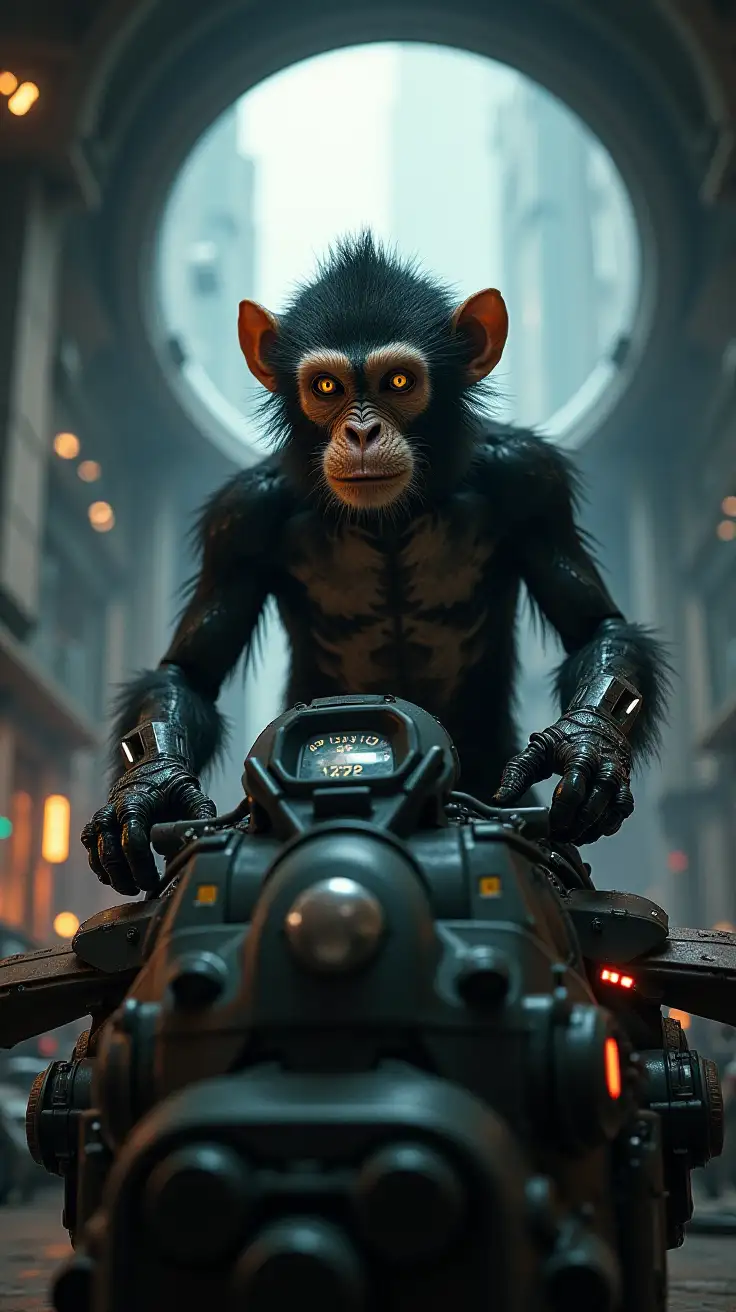 A dark, hyper-realistic depiction of Bitboy Leroy, an animal-robot hybrid monkey, piloting a futuristic spaceship in a moment of chaos. His four mechanical arms dominate the scene, each one engaged in a different task...