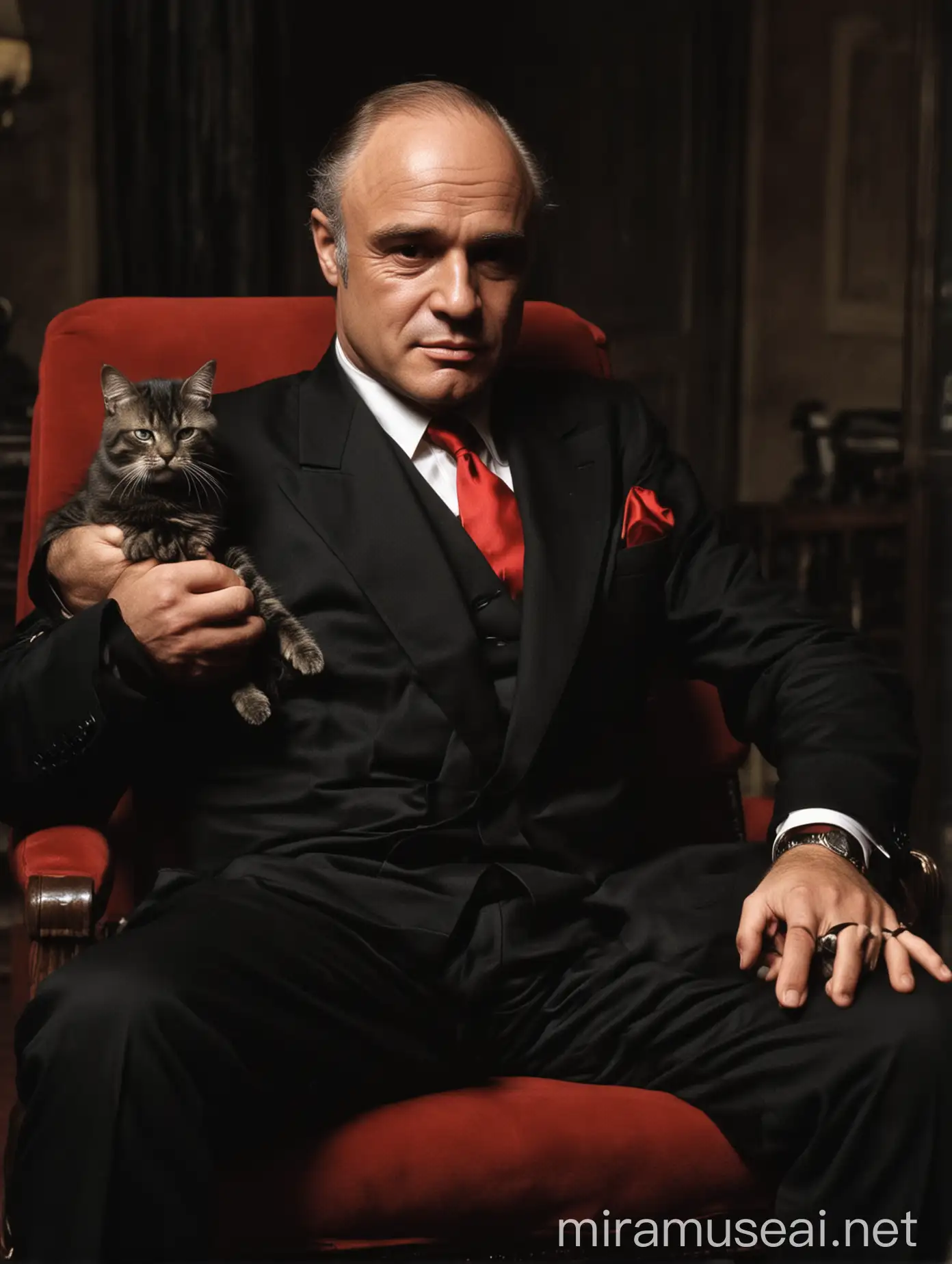 Godfather Marlon Brando Sitting with Cat and Red Tie