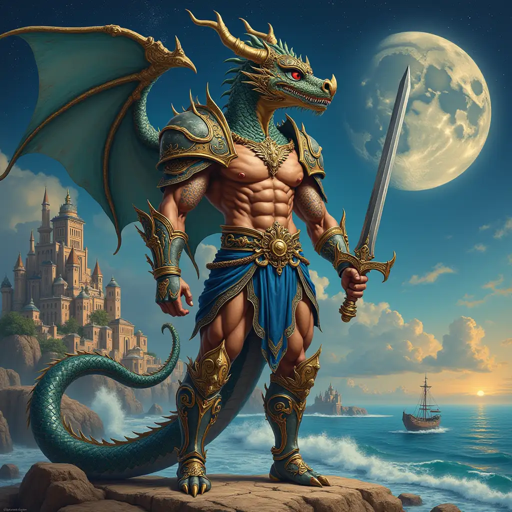 Ultradetailed hyperrealistic portrait of an armored bodybuilder with a dragon head and dragon body and ,with a sword in hand on a rock with the feet in front of a temple  with various strange creatures with intricately detailed, colorful sea,city,rock black mimmel with moon and stars