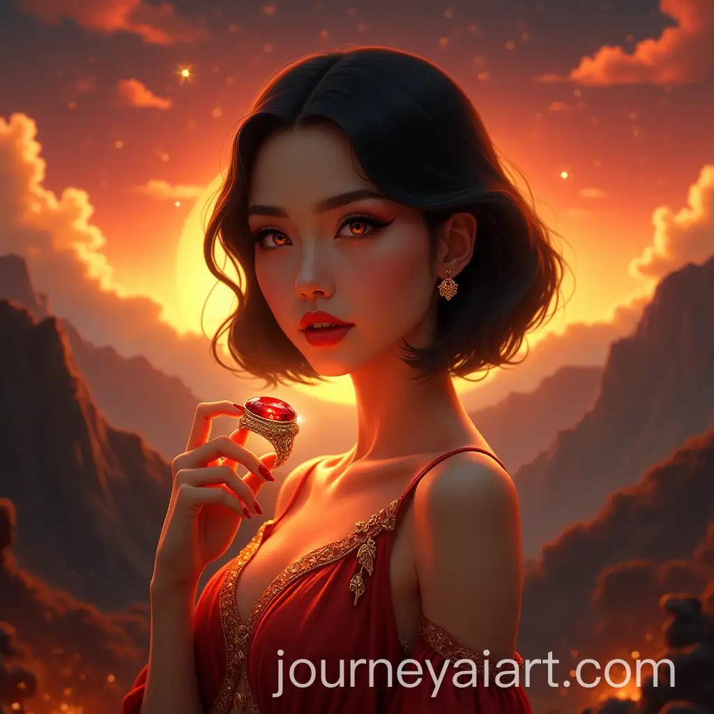 Radiant-Aries-Woman-Under-SunsetAI-Art-Prompt-Expansion-Sky-with-Luminous-Garnet-and-Celestial-Snake