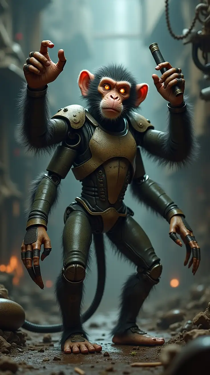 Cybernetic-Monkey-with-Four-Mechanical-Arms-in-a-SciFi-Junkyard