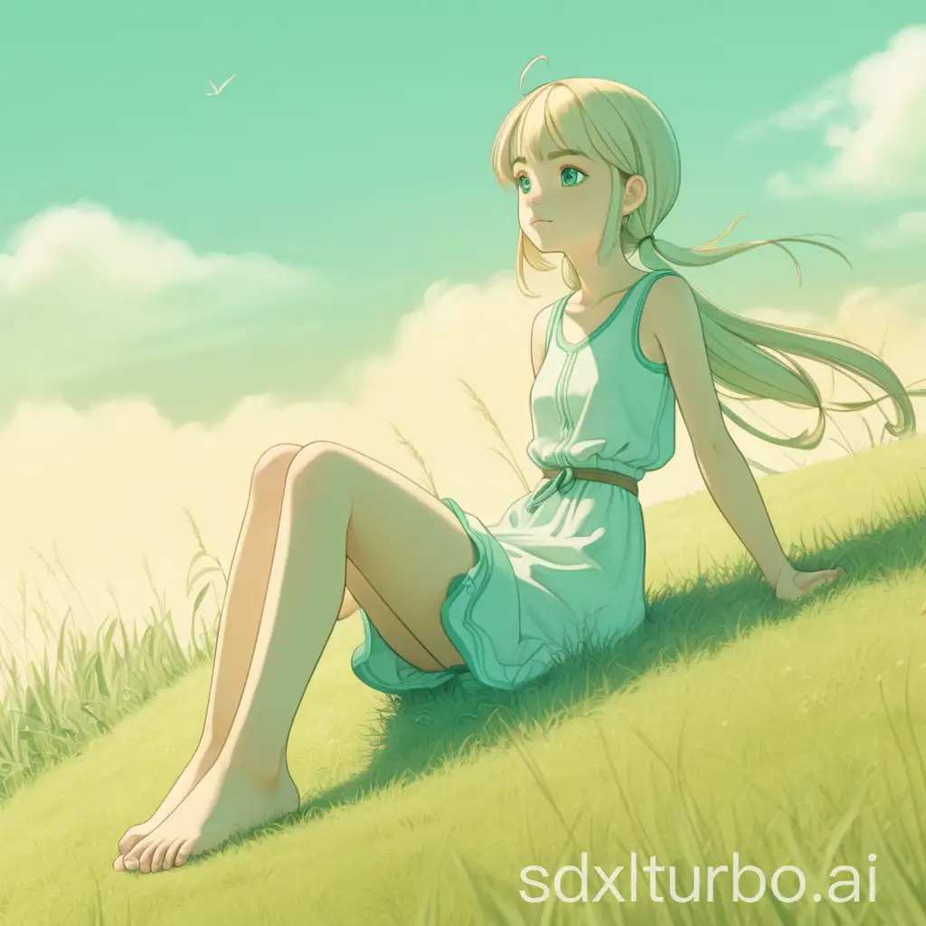 2D style, fresh grassland background, female character, sitting posture, barefoot, raised double legs, relaxed, rich animation details, soft color palette, high definition resolution, detailed drawing, fantasy elements blended in