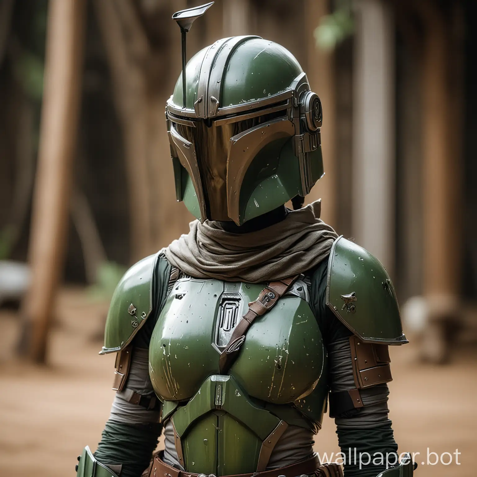 mandalorian woman wearing matcha-green armour