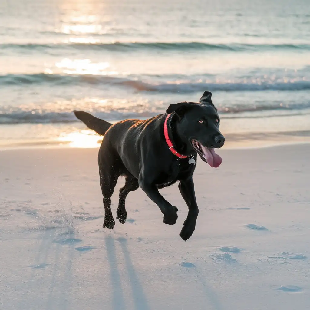 Black-Labrador-Retriever-Running-on-White-Beach-in-Morning-Sunlight