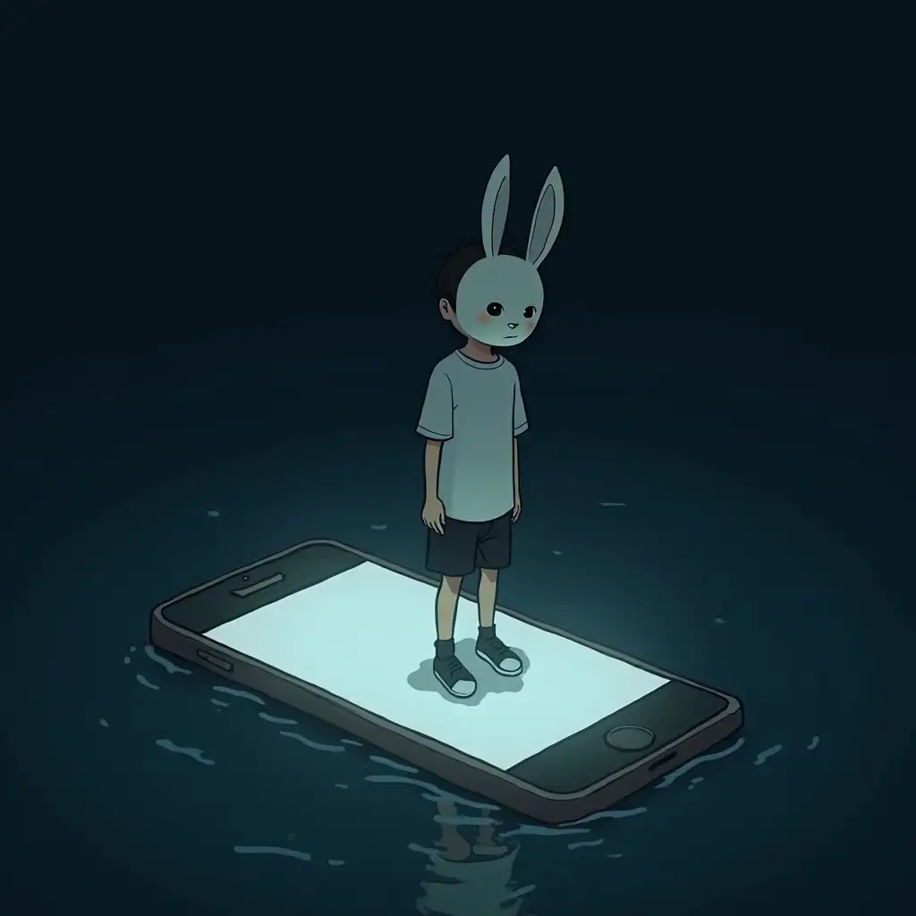 A boy in a white t-shirt is standing on a giant smartphone. He is wearing a mask of a rabbit on his face. The phone is floating in the dark sea. The whole picture is dark and creepy. Anime style.