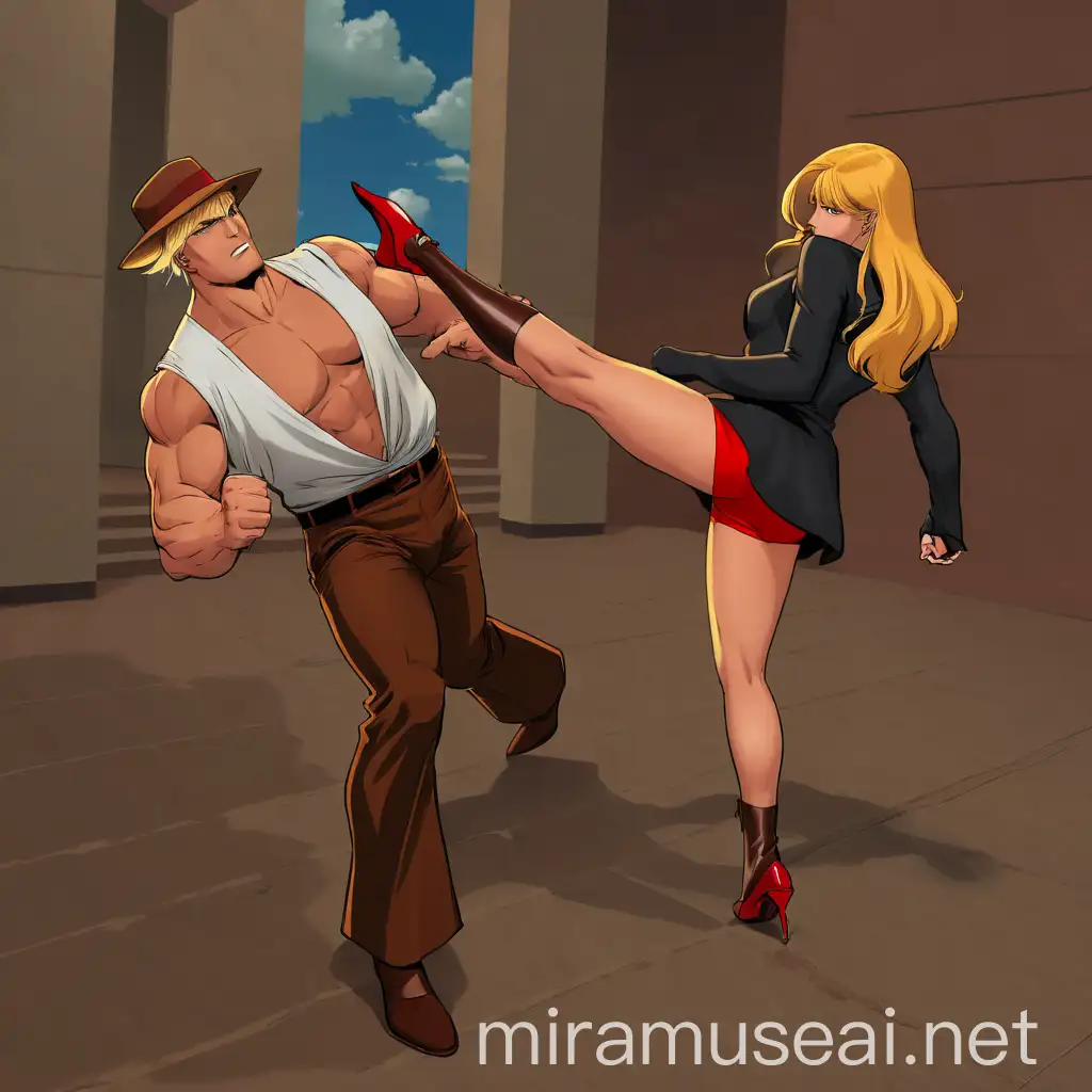 Dynamic Comic Book Combat Scene Blonde Woman Kicks Larger Man