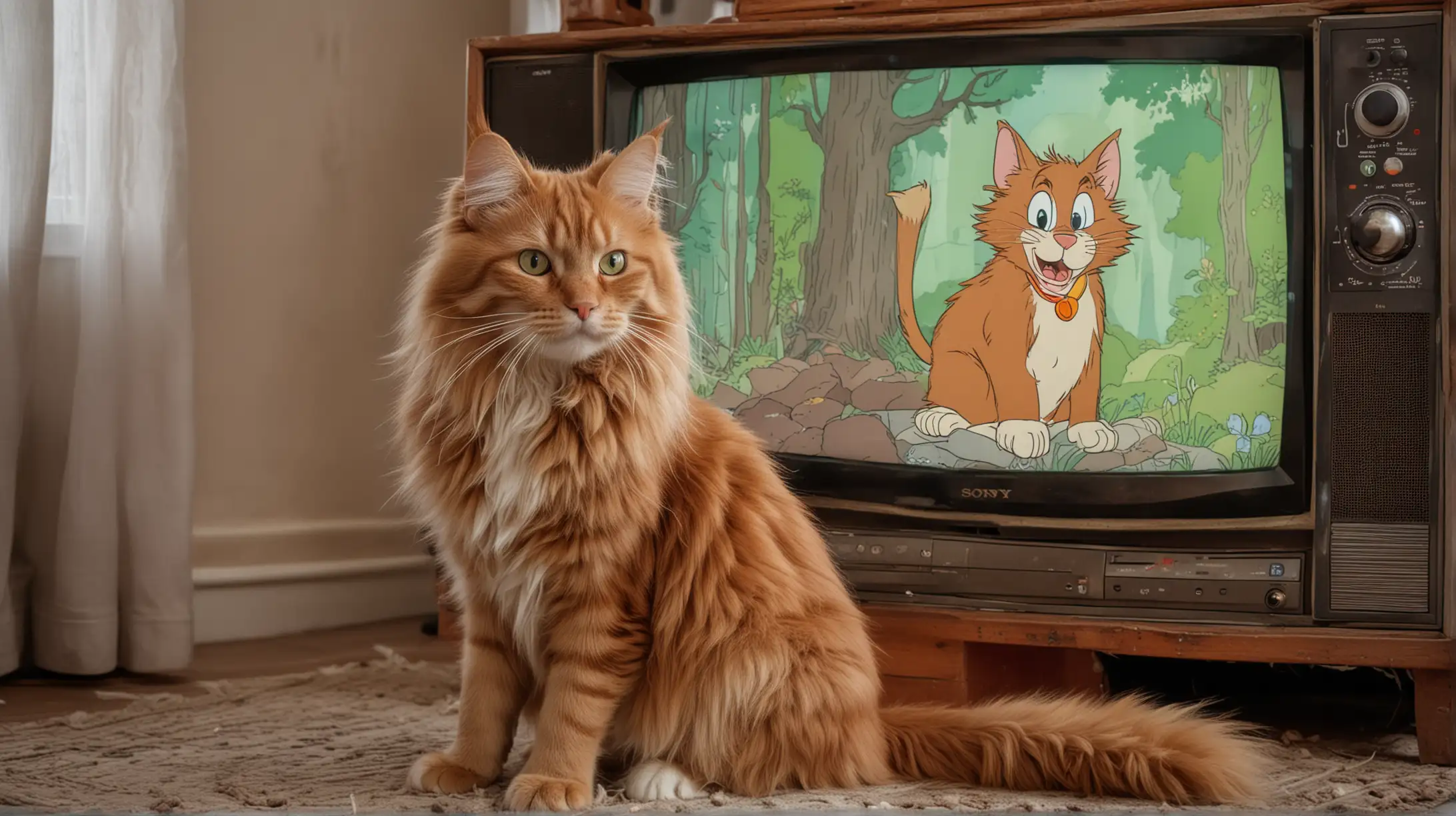 Pedigree Main Coon Cat Watching Tom Jerry on Vintage Sony TV near Forest