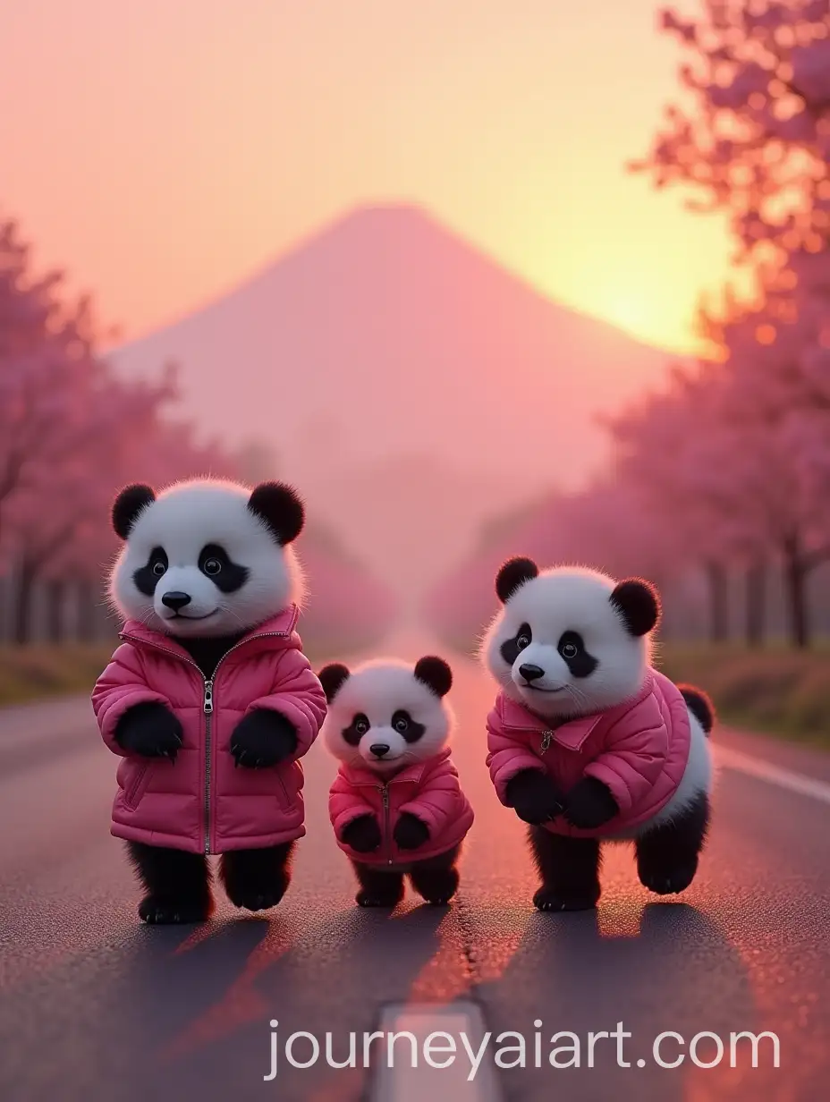 Pink-Pandas-Fashionably-Dressed-with-Puppies-Walking-in-Beijing-with-Mount-Fuji-and-Sunset-Background
