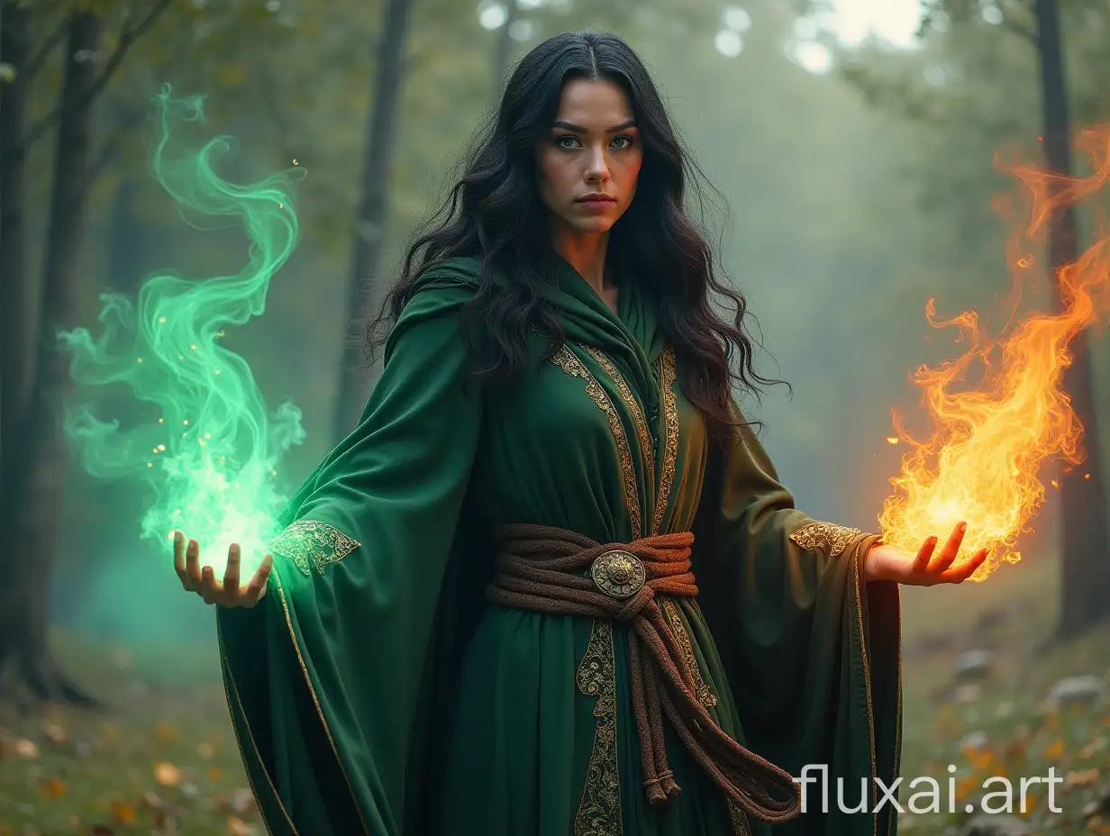 Very powerful wizard with black hair sharp features green eyes wielding the elements of earth, wind, water and fire, standing outside in the wilderness.