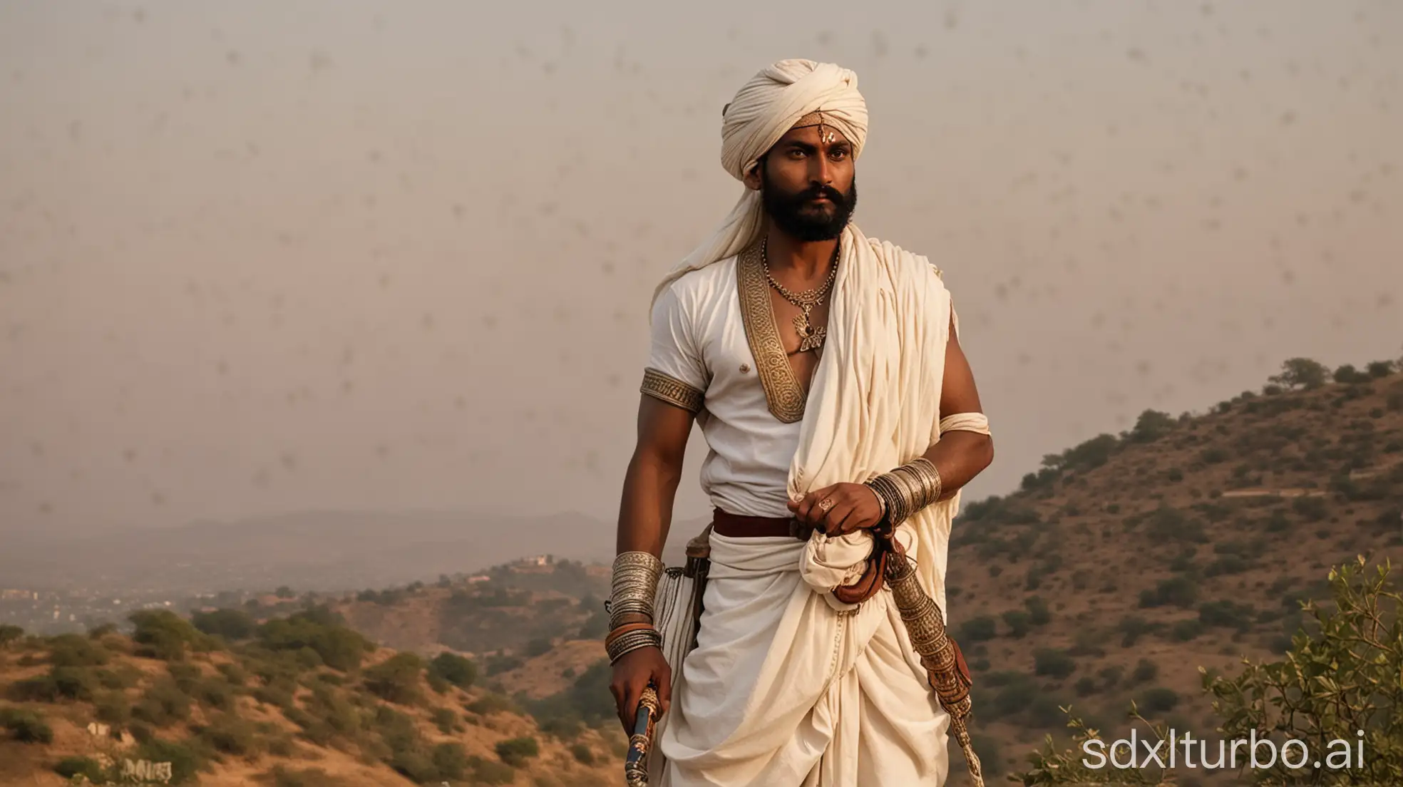 Durga Das Rathore (A Rajasthani warrior with a well built body, dressed in a white tight kurta and dhoti, a white turban on his head, a sword in his hand and a shield tied on his chest, a small black beard on his face His eyes reflect confidence and valor) standing valiantly on a hill, wearing a traditional Rajput warrior's attire, with the backdrop of a Rajasthan desert sunset.