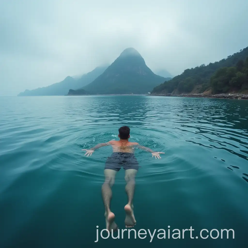 Man-Struggling-to-Stay-Afloat-in-Ocean-Waves-Near-Majestic-Mountain
