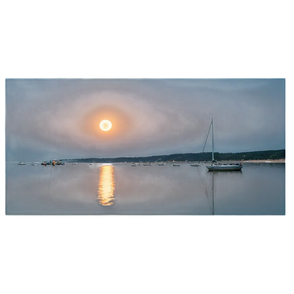 A beautiful and relaxing photo of the full moon on calm water with a view of the beach with a boat in the water