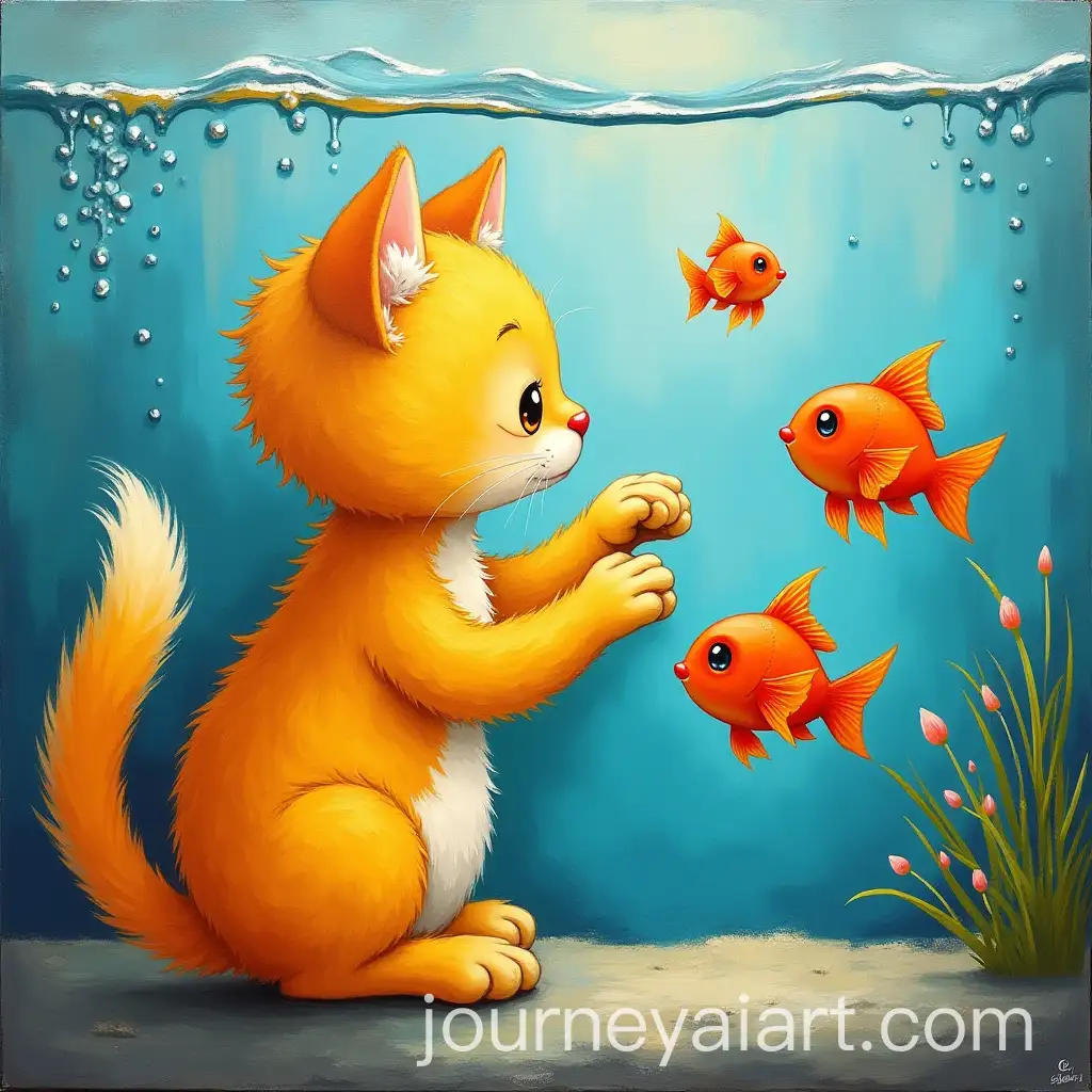 Little-Yellow-Cat-Interacting-with-Orange-Fish-in-Aquarium