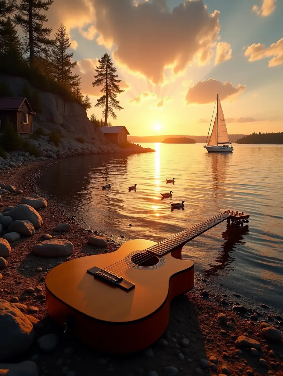 Lake Ladoga, sunset, rocky cliffs, In the distance 2 islands, pines, six-string guitar lies on the shore and illuminated by the sun. A yacht sails on the water. In the distance, tents are visible on the islands. There are three ducks swimming near the shore. A house in the side.Old wooden boat.