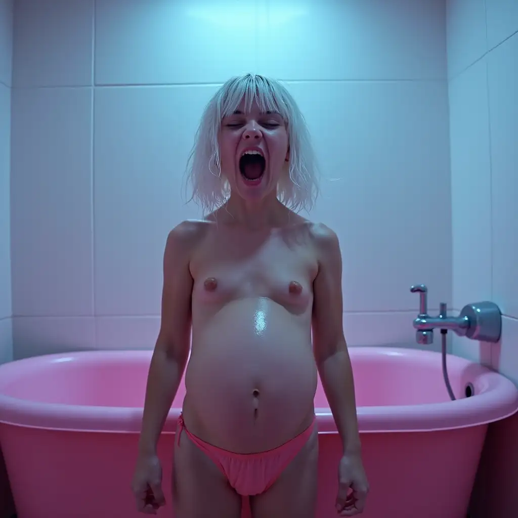 Yelling-Girl-in-Front-of-Wet-Pink-School-Bath-with-Blue-Lighting