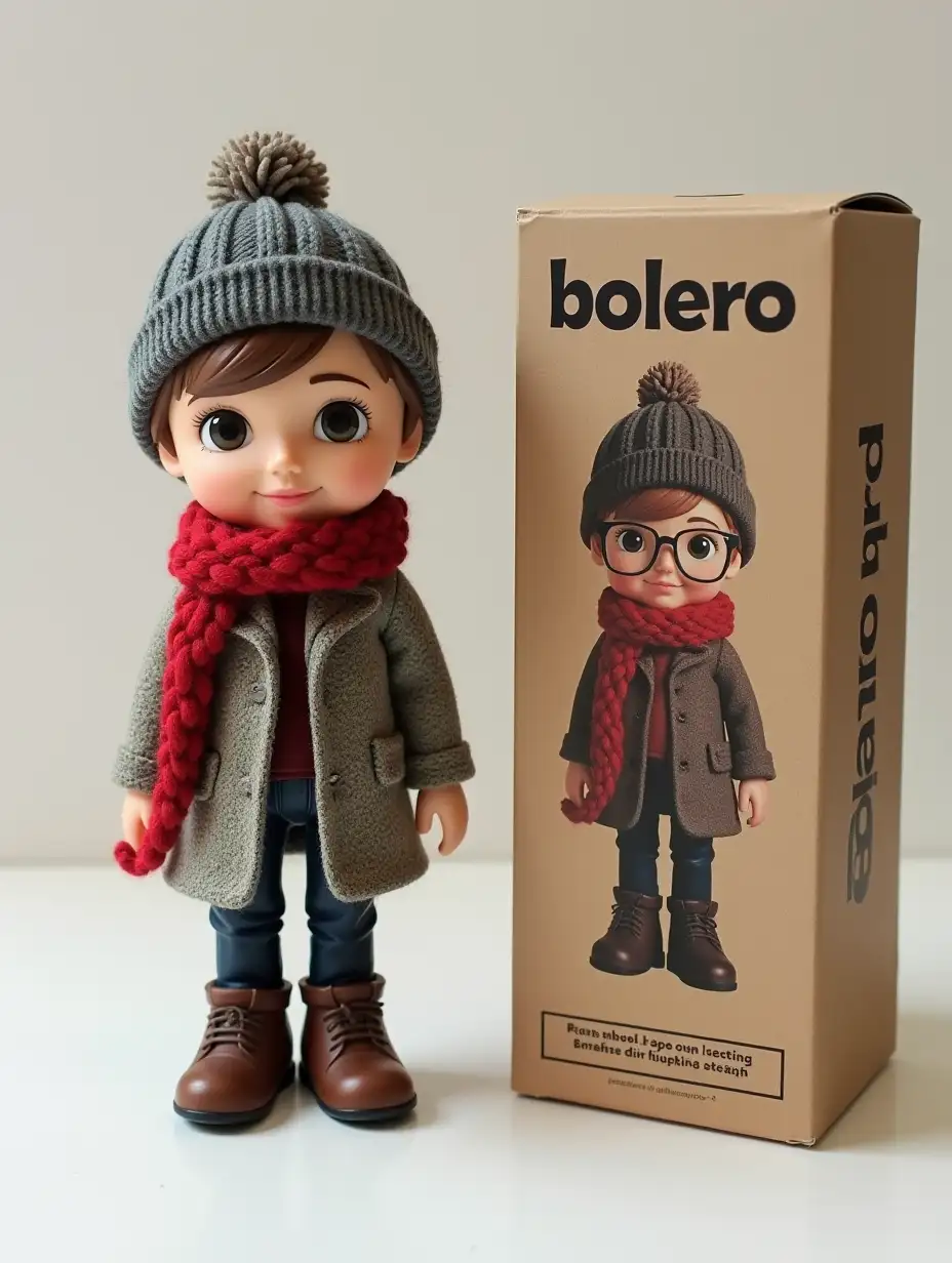 Create a posable action figure set based on the character in the photo, keeping their distinct features. The set includes one figure modeled after the photo’s character, along with knitted hat, felt hat, glasses. The packaging box is titled Болеро in bold text