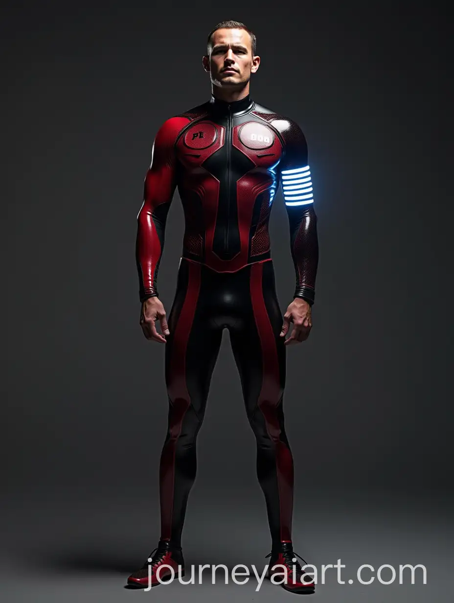 Man-in-Glossy-Red-and-Black-Uniform-with-Glowing-Armband-and-PL600-Text