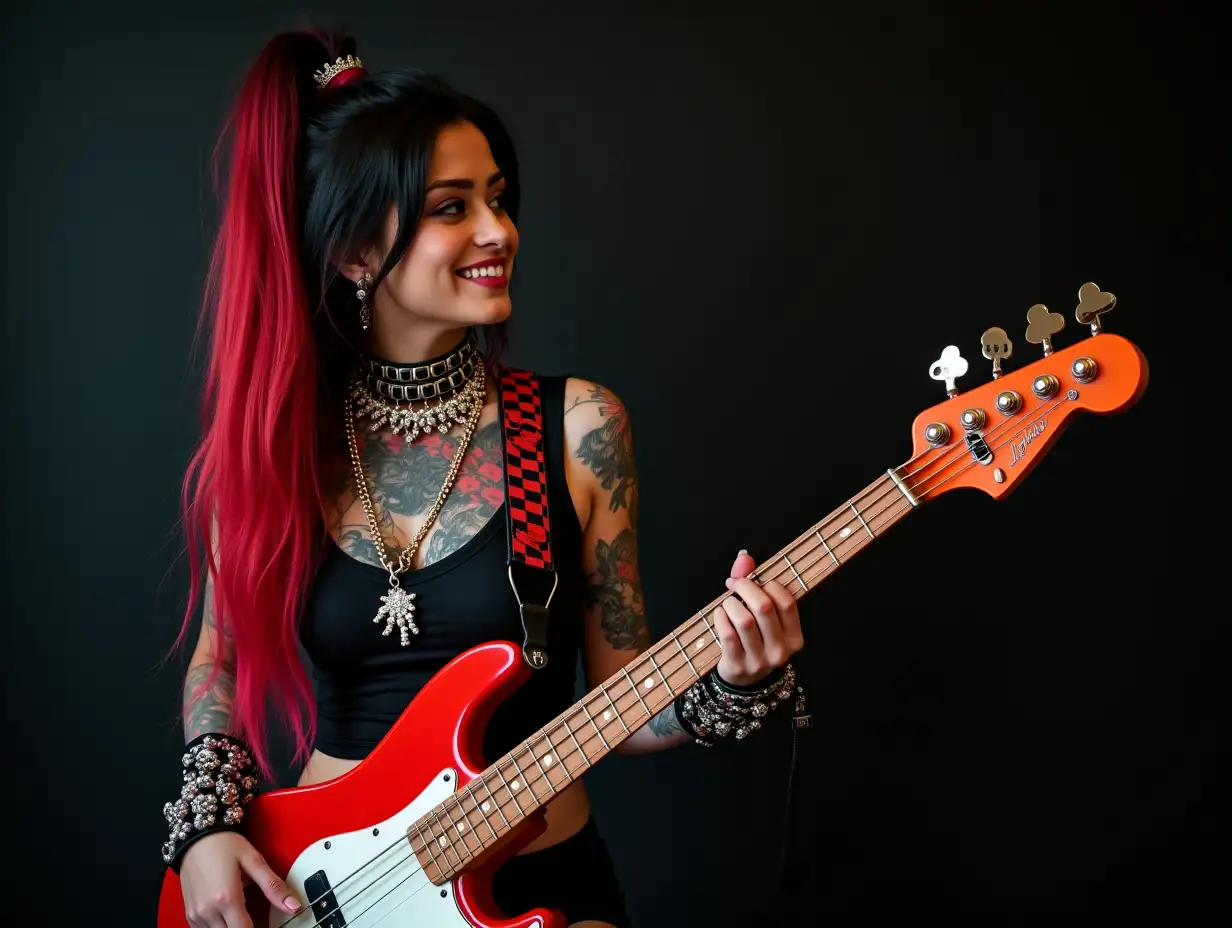 user_prompt: Hyperrealistic representation of a beautiful white woman smiling with -tattoo, futuristic long black-red checkered hair and lace-up boots, playing bass guitar with a sweet glance at elaborately detailed, colorful and futuristic jewelry. Background blurred, black 120-mm shot