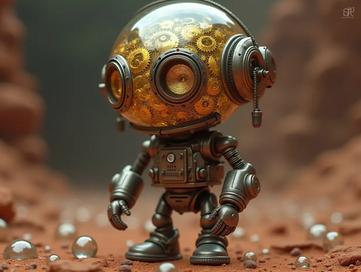 Erstellen Sie ein hochauflösendes, realistisches Bild von der künstlichen Intelligenz Robert, drei Meter groß, with eyes, arms and legs,  with gears on the cheeks and  glass head with visible golden brain, screws  with many glass spheres on the floor, Mars 4k resolution with   