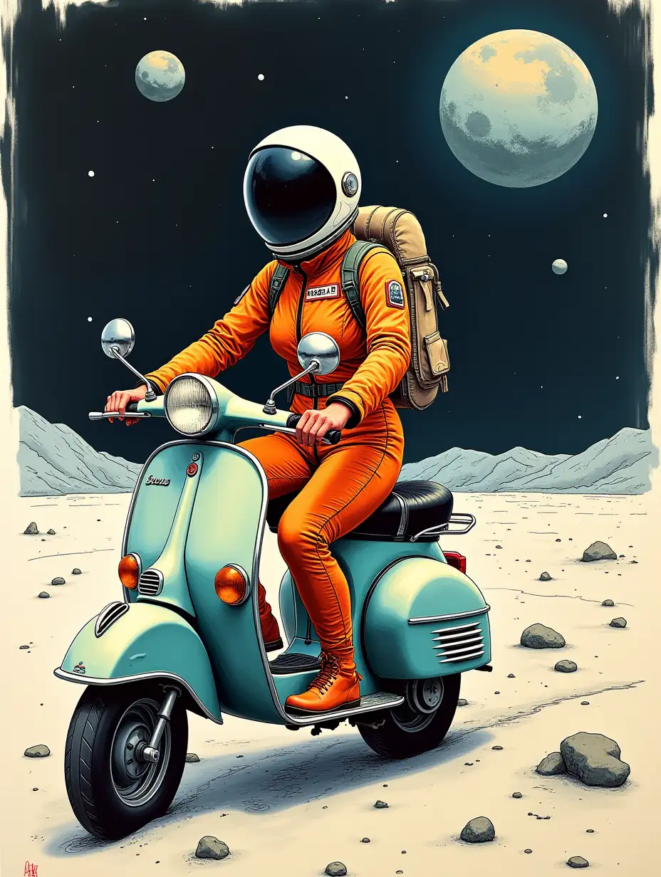 Hyperrealistic-Sketch-of-Female-Astronaut-Riding-Vintage-Vespa-on-Moon-Surface