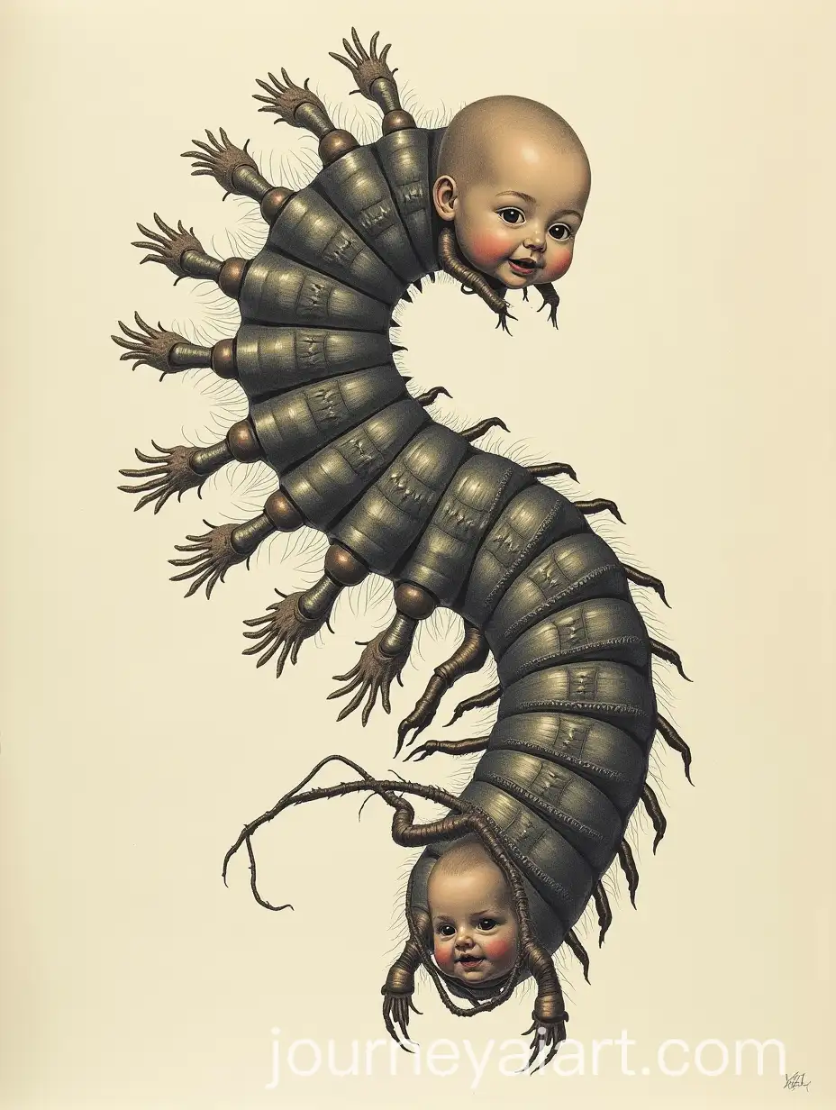 Surreal-Centipede-Creature-with-Human-Faces