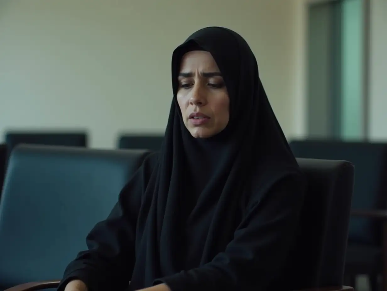 Egyptian woman aged 41, wearing a hijab and black jilbab, sitting in a waiting room while sad and depressed.