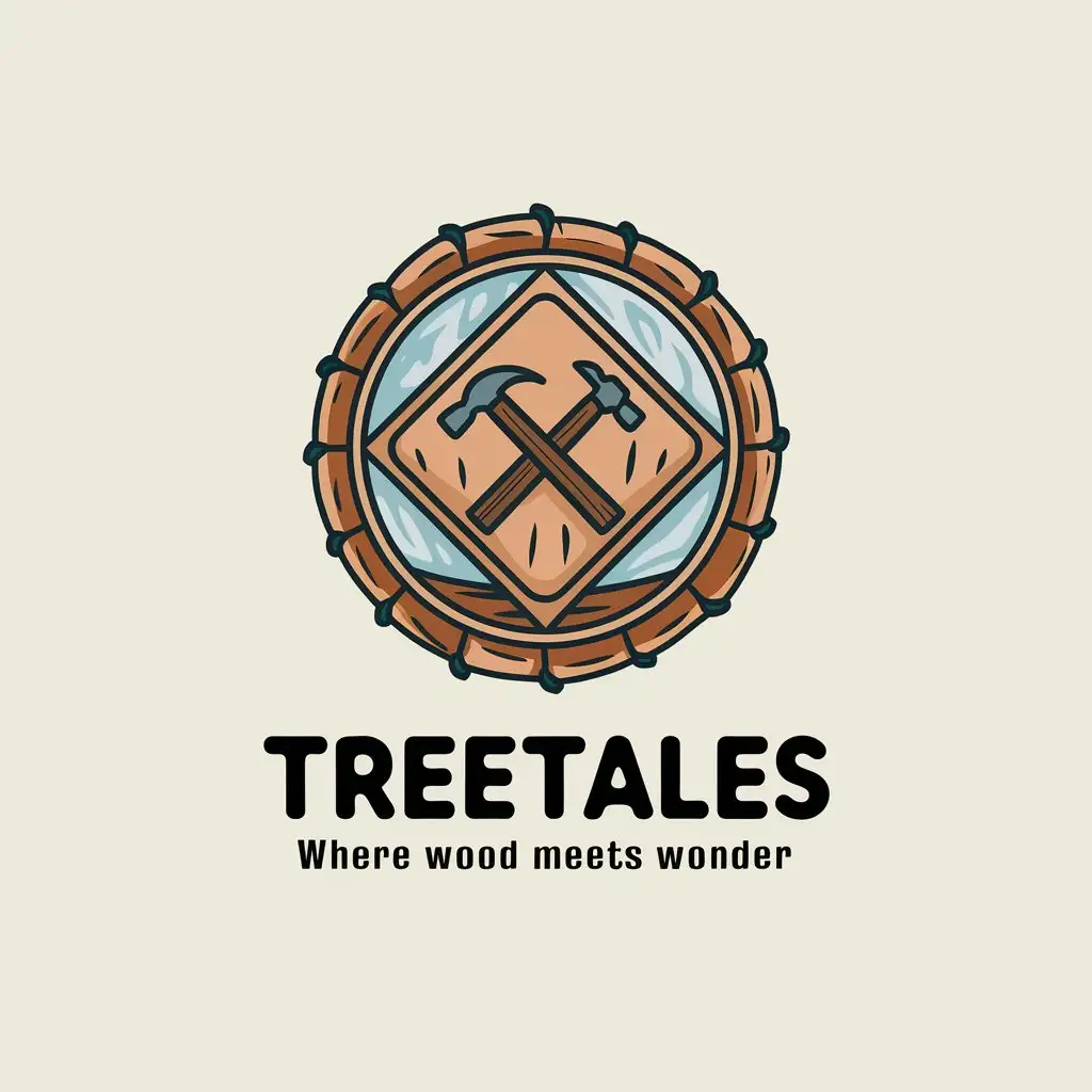 LOGO Design for TreeTales Vibrant Woodwork Theme with Hammer and Circle Elements