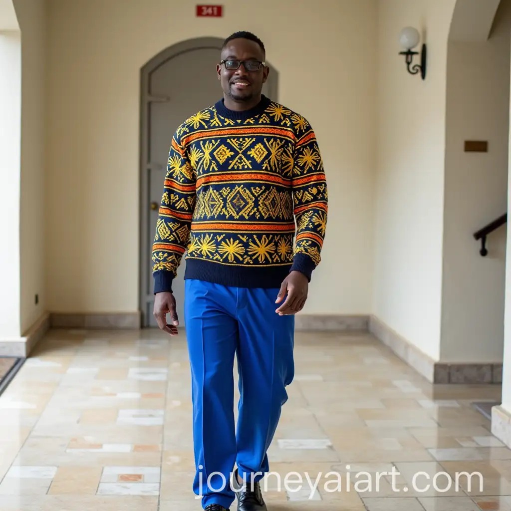 African-Fashion-Ghanaian-Kente-Jumper-with-Blue-Trousers-and-Black-Shoes