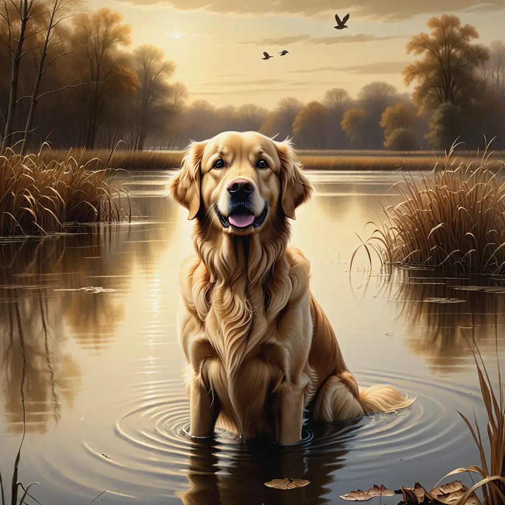 Vintage Duck Hunting Print Golden Retriever Alert in Rich Earthy Tones