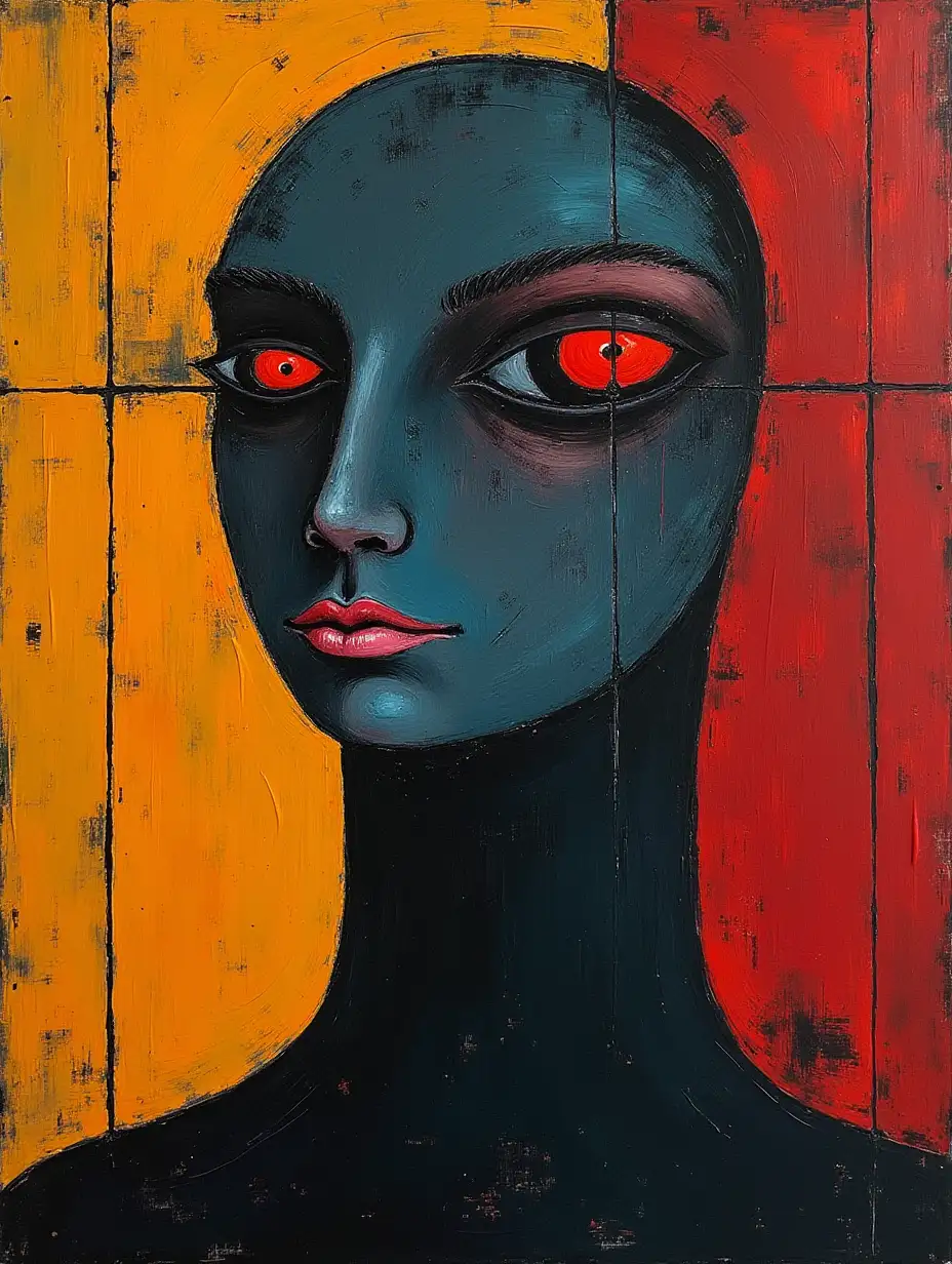 A picture in a grid, line, primitively schematic minimalism, avant-garde, face, huge looming eye, darkness in the style of Kandinsky, Malevich, minimalism, simplify for beginner artist acrylic many colors, constructivism abstractionism, gloomily